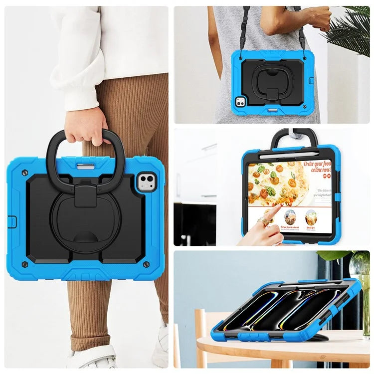 For iPad Pro 11 (2024) Case Hand Grip Kickstand Pen Slot PC+Silicone Tablet Cover with Strap