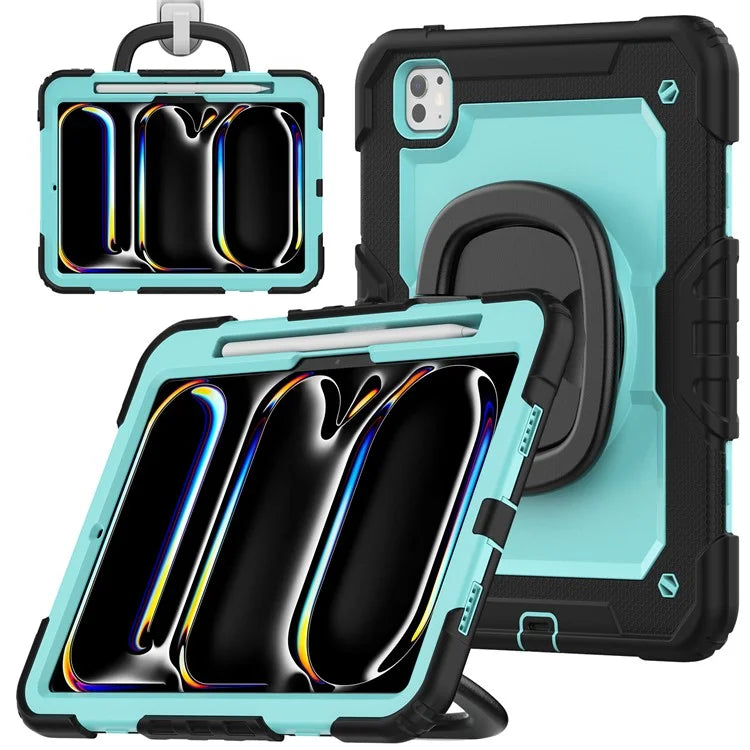For iPad Pro 11 (2024) Case Hand Grip Kickstand Pen Slot PC+Silicone Tablet Cover with Strap / Black