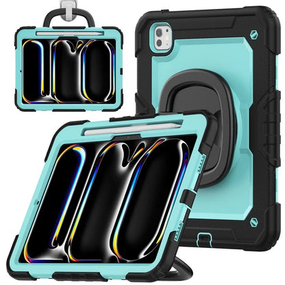 For iPad Pro 11 (2024) Case Hand Grip Kickstand Pen Slot PC+Silicone Tablet Cover with Strap / Black
