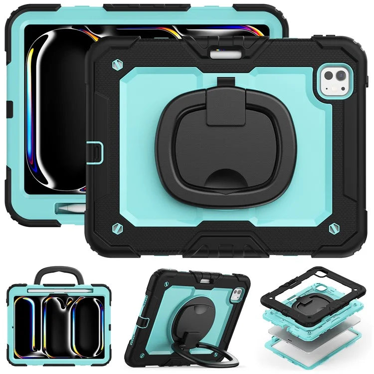 For iPad Pro 11 (2024) Case Hand Grip Kickstand Pen Slot PC+Silicone Tablet Cover with Strap / Black