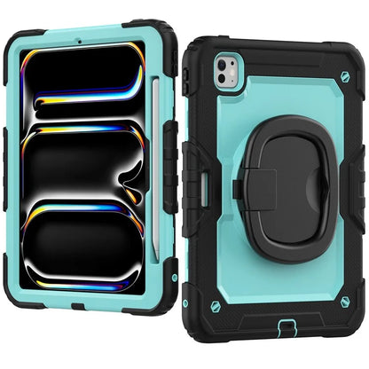 For iPad Pro 11 (2024) Case Hand Grip Kickstand Pen Slot PC+Silicone Tablet Cover with Strap / Black