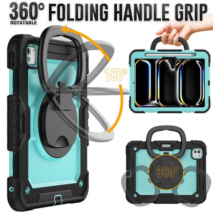 For iPad Pro 11 (2024) Case Hand Grip Kickstand Pen Slot PC+Silicone Tablet Cover with Strap / Black