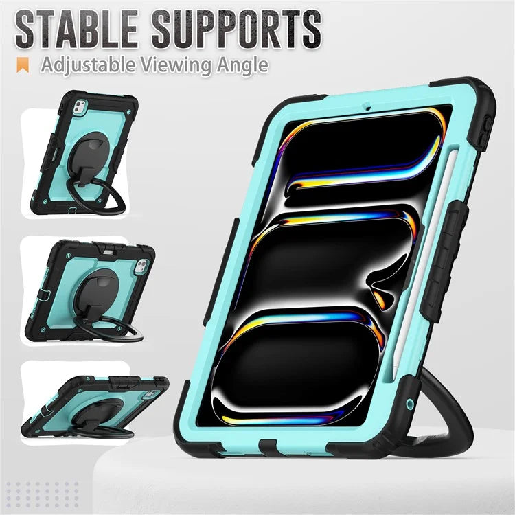 For iPad Pro 11 (2024) Case Hand Grip Kickstand Pen Slot PC+Silicone Tablet Cover with Strap / Black