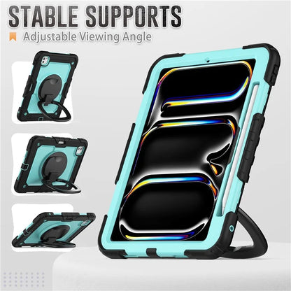 For iPad Pro 11 (2024) Case Hand Grip Kickstand Pen Slot PC+Silicone Tablet Cover with Strap / Black