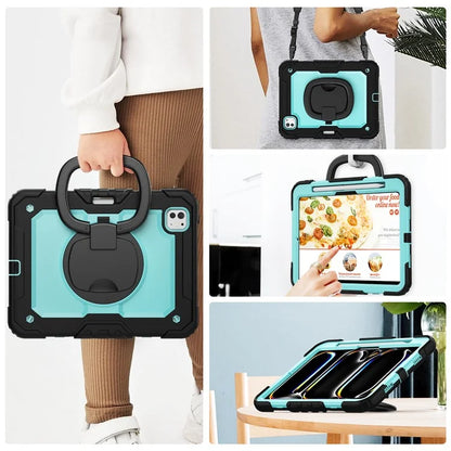 For iPad Pro 11 (2024) Case Hand Grip Kickstand Pen Slot PC+Silicone Tablet Cover with Strap / Black