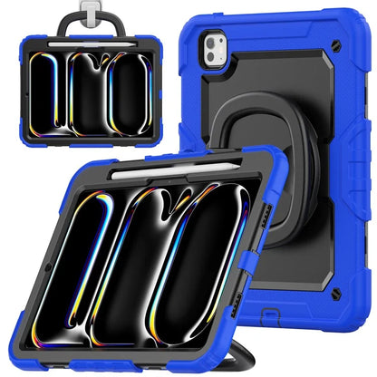 For iPad Pro 11 (2024) Case Hand Grip Kickstand Pen Slot PC+Silicone Tablet Cover with Strap