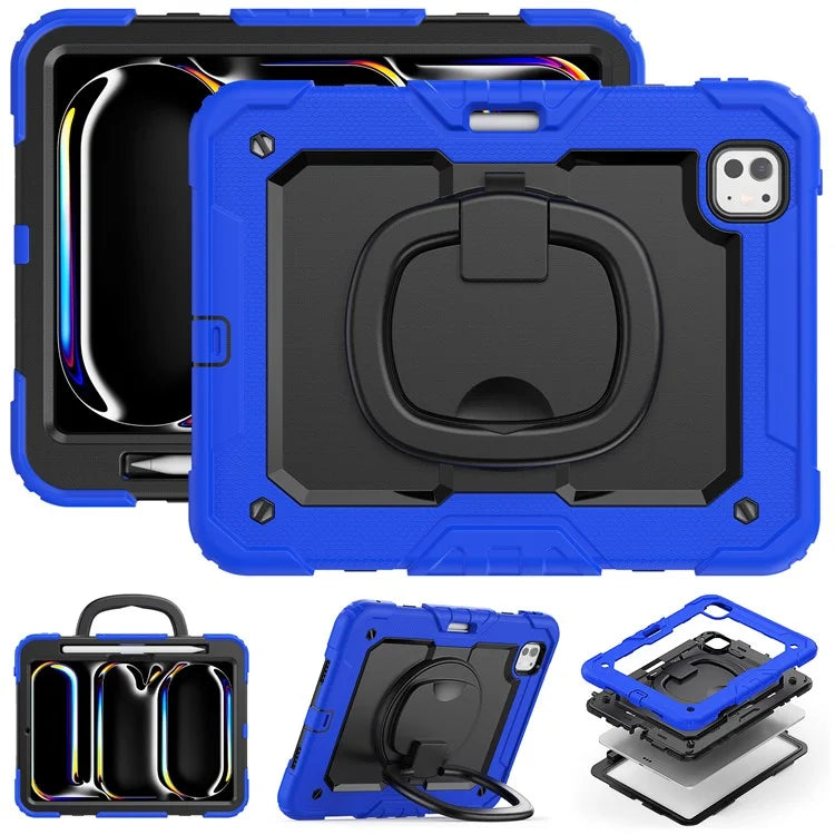 For iPad Pro 11 (2024) Case Hand Grip Kickstand Pen Slot PC+Silicone Tablet Cover with Strap