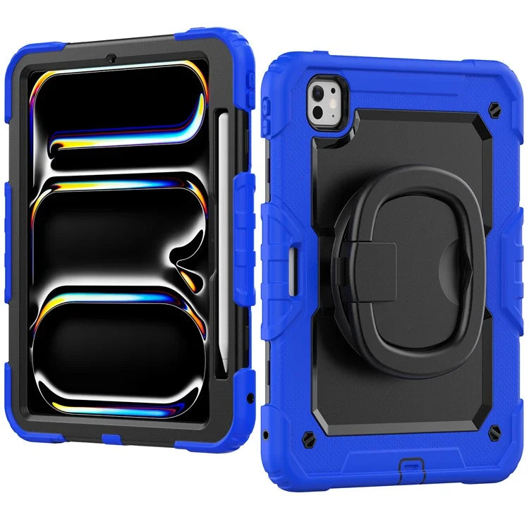 For iPad Pro 11 (2024) Case Hand Grip Kickstand Pen Slot PC+Silicone Tablet Cover with Strap
