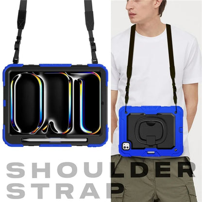 For iPad Pro 11 (2024) Case Hand Grip Kickstand Pen Slot PC+Silicone Tablet Cover with Strap