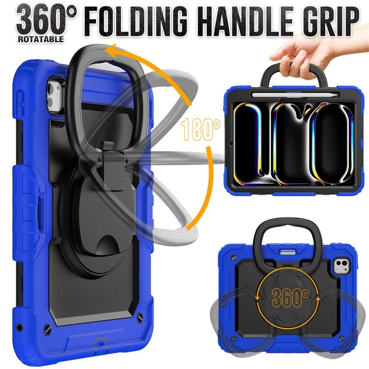 For iPad Pro 11 (2024) Case Hand Grip Kickstand Pen Slot PC+Silicone Tablet Cover with Strap