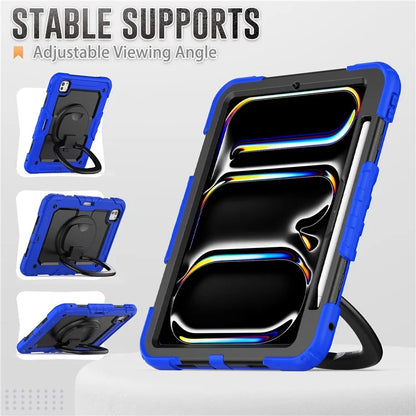 For iPad Pro 11 (2024) Case Hand Grip Kickstand Pen Slot PC+Silicone Tablet Cover with Strap