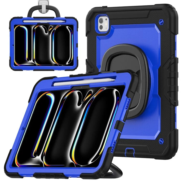 For iPad Pro 11 (2024) Case Hand Grip Kickstand Pen Slot PC+Silicone Tablet Cover with Strap / Black