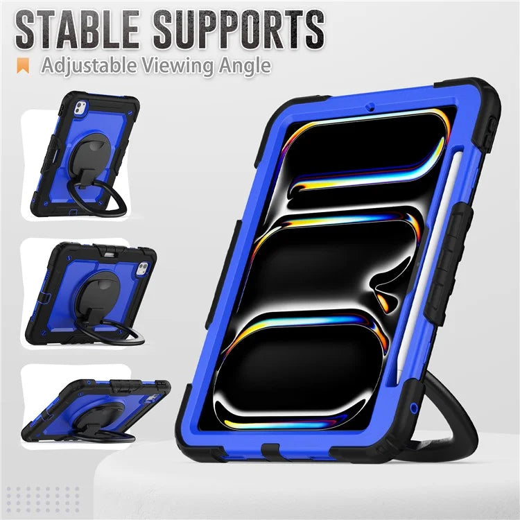 For iPad Pro 11 (2024) Case Hand Grip Kickstand Pen Slot PC+Silicone Tablet Cover with Strap / Black