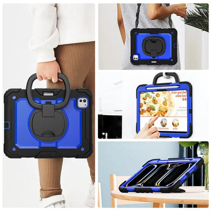 For iPad Pro 11 (2024) Case Hand Grip Kickstand Pen Slot PC+Silicone Tablet Cover with Strap / Black