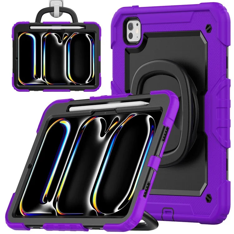 For iPad Pro 11 (2024) Case Hand Grip Kickstand Pen Slot PC+Silicone Tablet Cover with Strap