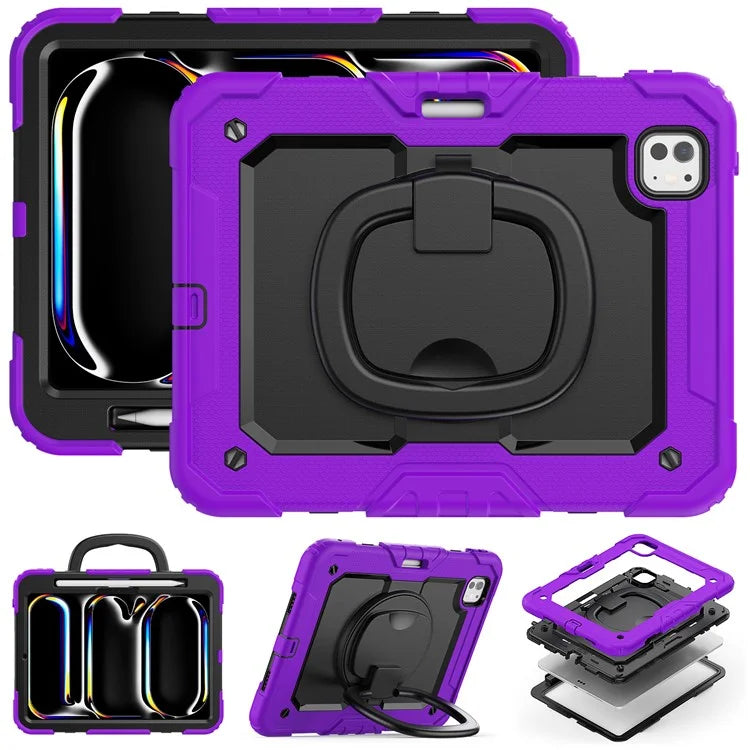 For iPad Pro 11 (2024) Case Hand Grip Kickstand Pen Slot PC+Silicone Tablet Cover with Strap