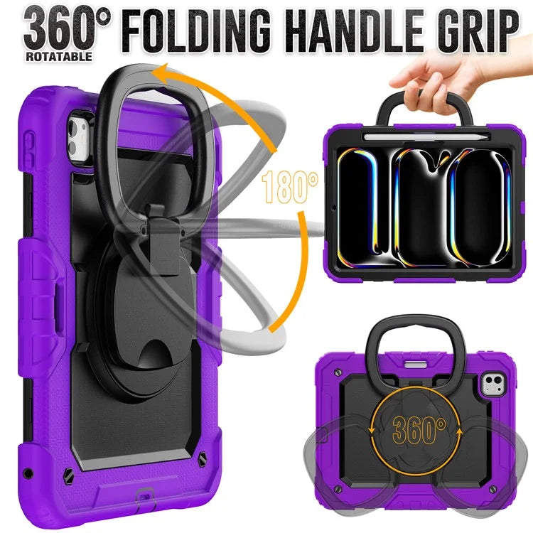 For iPad Pro 11 (2024) Case Hand Grip Kickstand Pen Slot PC+Silicone Tablet Cover with Strap