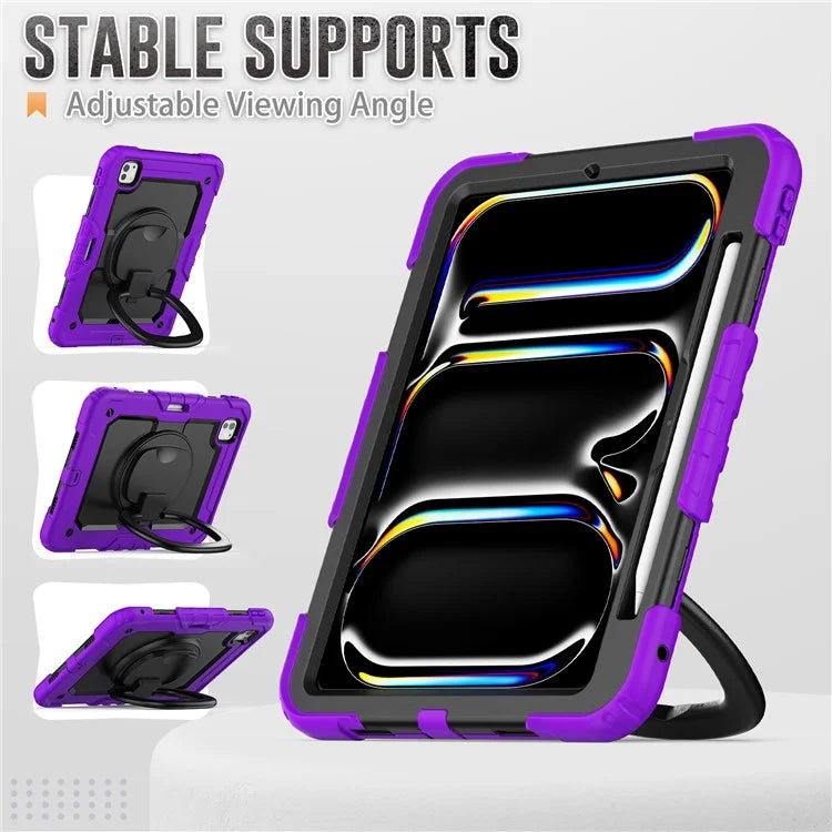 For iPad Pro 11 (2024) Case Hand Grip Kickstand Pen Slot PC+Silicone Tablet Cover with Strap