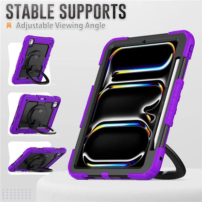 For iPad Pro 11 (2024) Case Hand Grip Kickstand Pen Slot PC+Silicone Tablet Cover with Strap
