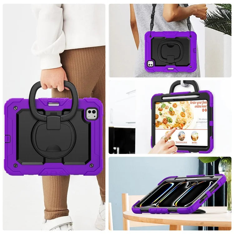 For iPad Pro 11 (2024) Case Hand Grip Kickstand Pen Slot PC+Silicone Tablet Cover with Strap