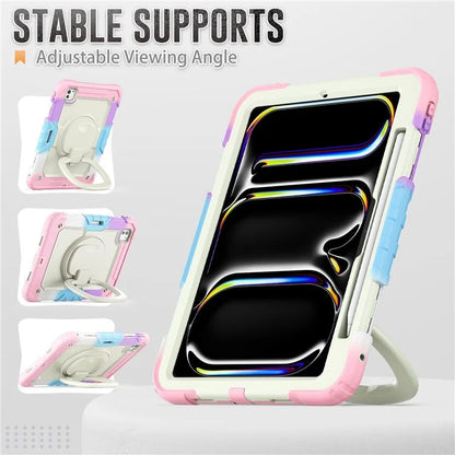 For iPad Pro 11 (2024) Case Tough Rugged PC+Silicone Tablet Cover with Rotating Kickstand / Shoulder Strap