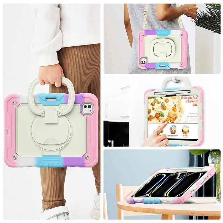 For iPad Pro 11 (2024) Case Tough Rugged PC+Silicone Tablet Cover with Rotating Kickstand / Shoulder Strap