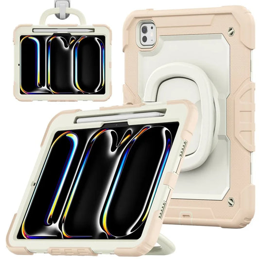 For iPad Pro 11 (2024) Case Kickstand PC+Silicone Tablet Cover with Pen Slot / Shoulder Strap