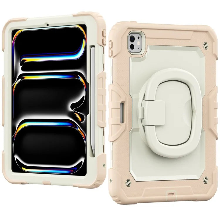 For iPad Pro 11 (2024) Case Kickstand PC+Silicone Tablet Cover with Pen Slot / Shoulder Strap