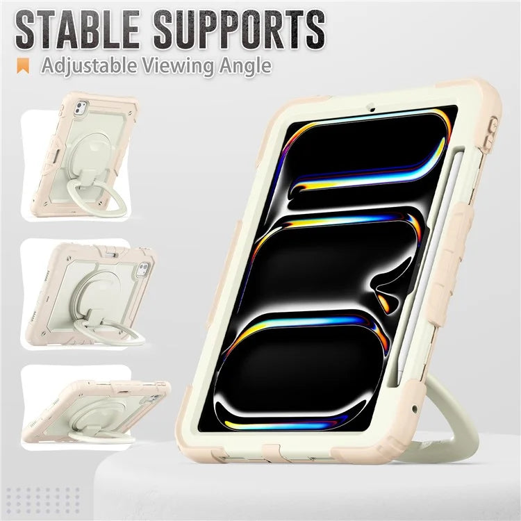 For iPad Pro 11 (2024) Case Kickstand PC+Silicone Tablet Cover with Pen Slot / Shoulder Strap
