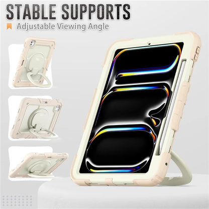 For iPad Pro 11 (2024) Case Kickstand PC+Silicone Tablet Cover with Pen Slot / Shoulder Strap