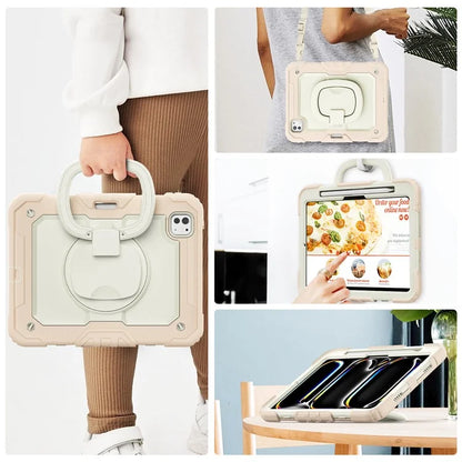 For iPad Pro 11 (2024) Case Kickstand PC+Silicone Tablet Cover with Pen Slot / Shoulder Strap