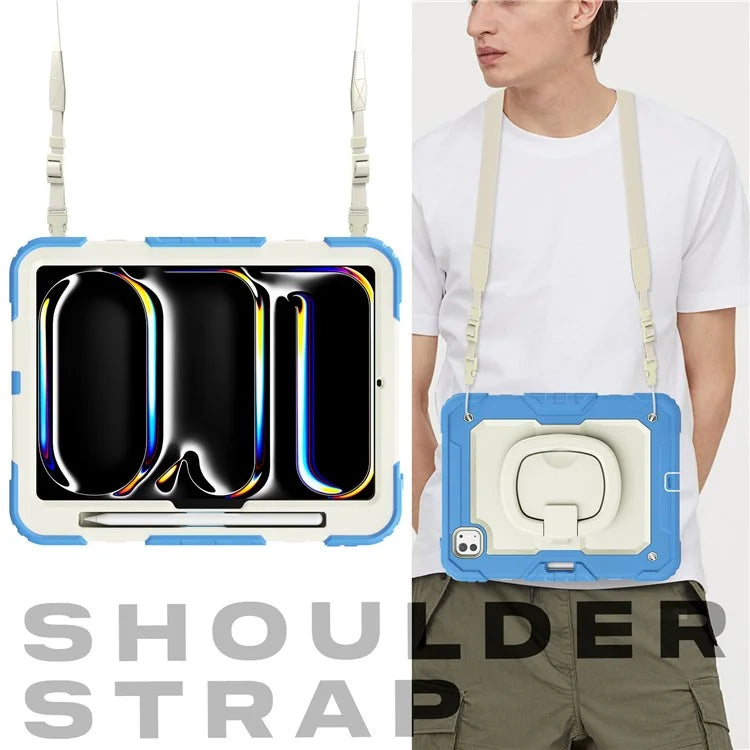 For iPad Pro 11 (2024) Case Kickstand PC+Silicone Tablet Cover with Pen Slot / Shoulder Strap