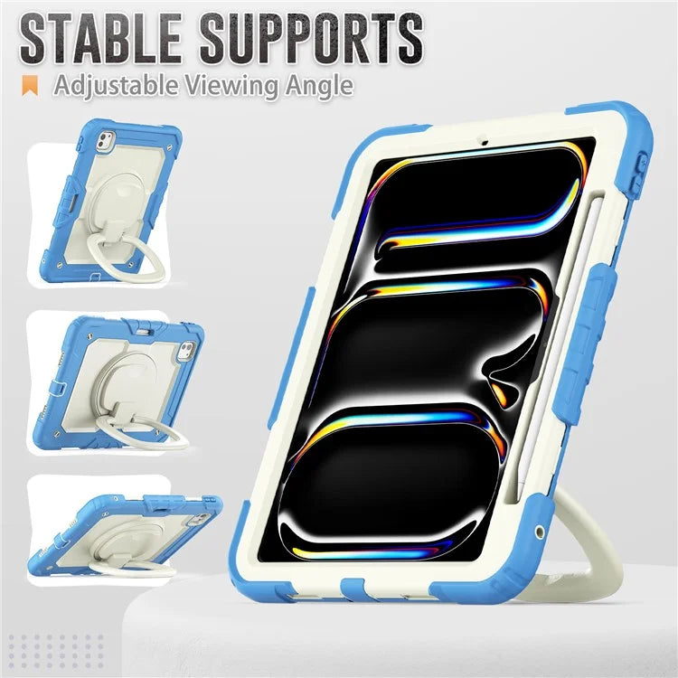 For iPad Pro 11 (2024) Case Kickstand PC+Silicone Tablet Cover with Pen Slot / Shoulder Strap