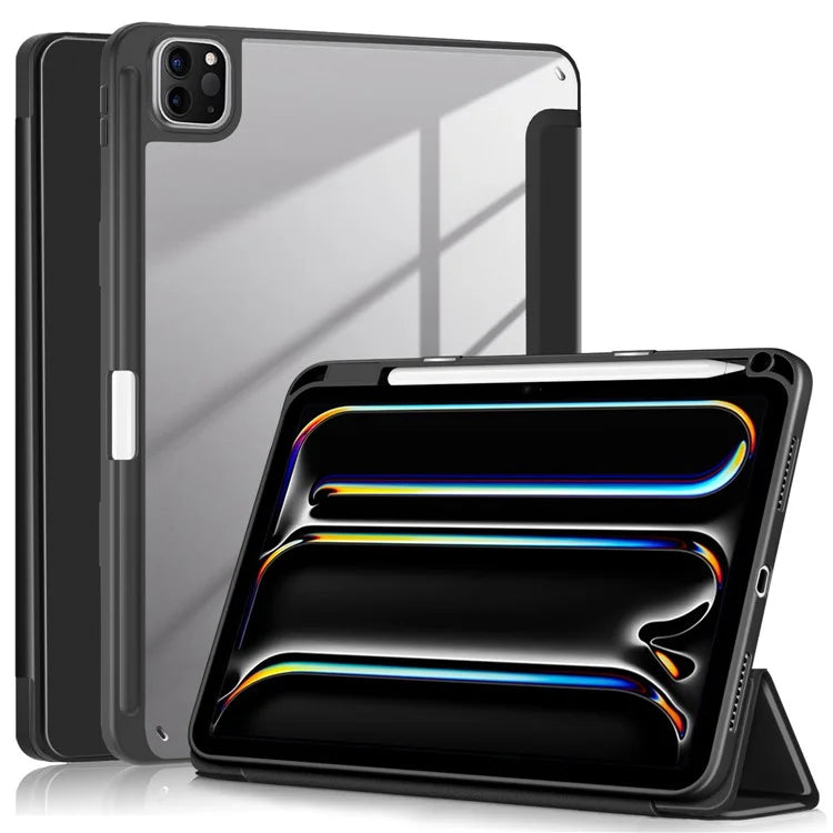 For iPad Pro 11 (2024) Case PU Leather Tri-Fold Stand Tablet Cover Clear Back Auto Wake / Sleep