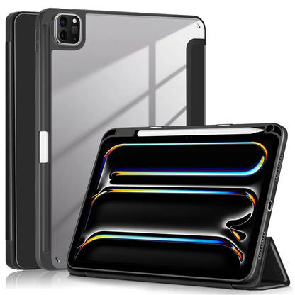 For iPad Pro 11 (2024) Case PU Leather Tri-Fold Stand Tablet Cover Clear Back Auto Wake / Sleep
