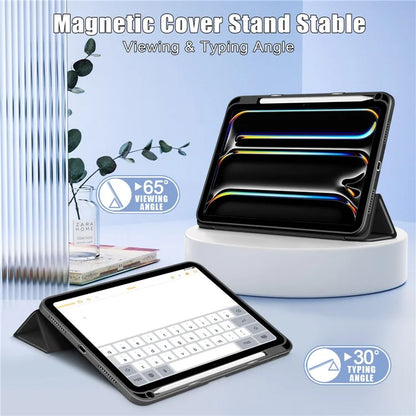 For iPad Pro 11 (2024) Case PU Leather Tri-Fold Stand Tablet Cover Clear Back Auto Wake / Sleep