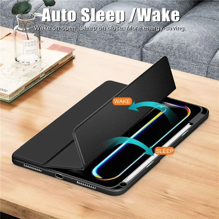 For iPad Pro 11 (2024) Case PU Leather Tri-Fold Stand Tablet Cover Clear Back Auto Wake / Sleep