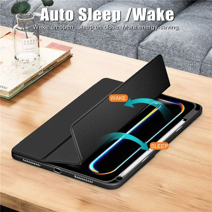 For iPad Pro 11 (2024) Case PU Leather Tri-Fold Stand Tablet Cover Clear Back Auto Wake / Sleep