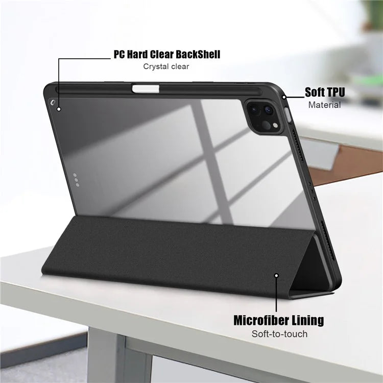 For iPad Pro 11 (2024) Case PU Leather Tri-Fold Stand Tablet Cover Clear Back Auto Wake / Sleep