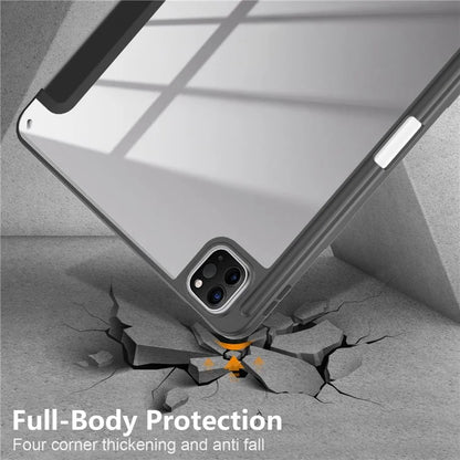 For iPad Pro 11 (2024) Case PU Leather Tri-Fold Stand Tablet Cover Clear Back Auto Wake / Sleep