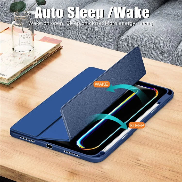 For iPad Pro 11 (2024) Case PU Leather Tri-Fold Stand Tablet Cover Clear Back Auto Wake / Sleep