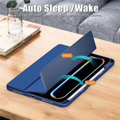 For iPad Pro 11 (2024) Case PU Leather Tri-Fold Stand Tablet Cover Clear Back Auto Wake / Sleep