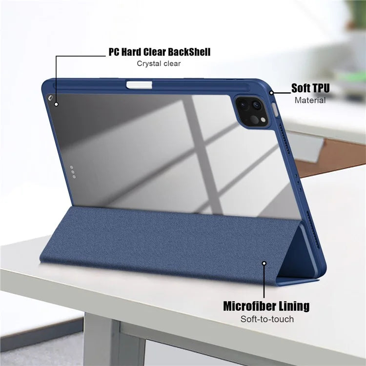 For iPad Pro 11 (2024) Case PU Leather Tri-Fold Stand Tablet Cover Clear Back Auto Wake / Sleep