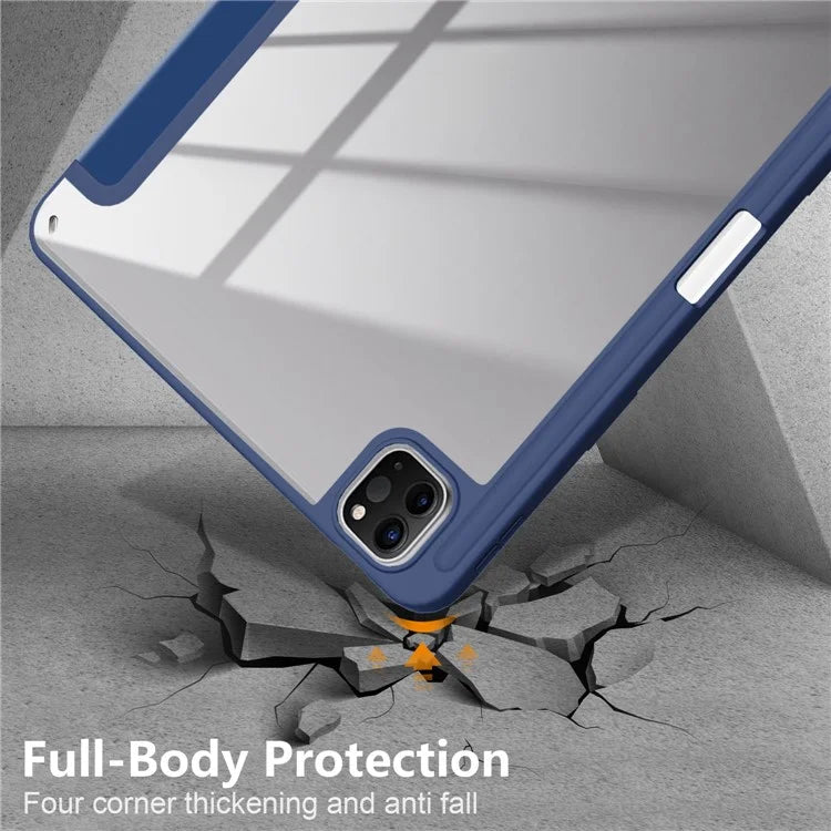 For iPad Pro 11 (2024) Case PU Leather Tri-Fold Stand Tablet Cover Clear Back Auto Wake / Sleep