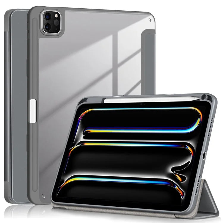 For iPad Pro 11 (2024) Case PU Leather Tri-Fold Stand Tablet Cover Clear Back Auto Wake / Sleep