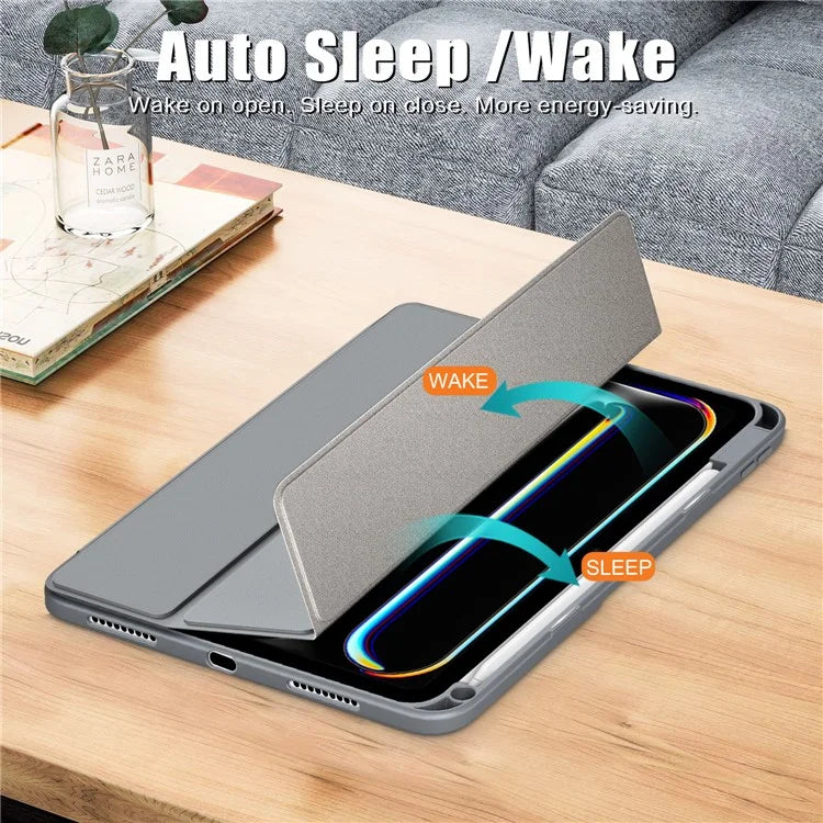 For iPad Pro 11 (2024) Case PU Leather Tri-Fold Stand Tablet Cover Clear Back Auto Wake / Sleep