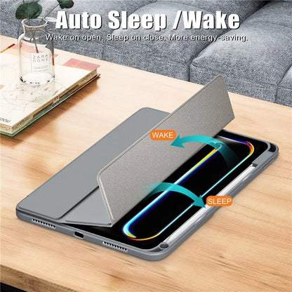 For iPad Pro 11 (2024) Case PU Leather Tri-Fold Stand Tablet Cover Clear Back Auto Wake / Sleep