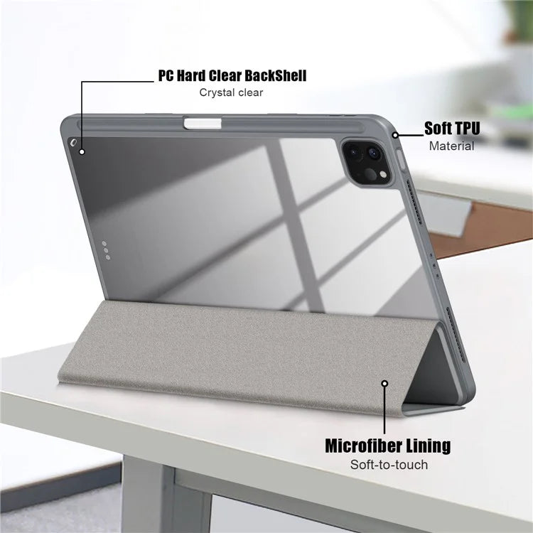For iPad Pro 11 (2024) Case PU Leather Tri-Fold Stand Tablet Cover Clear Back Auto Wake / Sleep