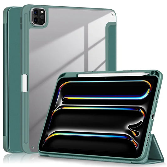 For iPad Pro 11 (2024) Case PU Leather Tri-Fold Stand Tablet Cover Clear Back Auto Wake / Sleepish Green