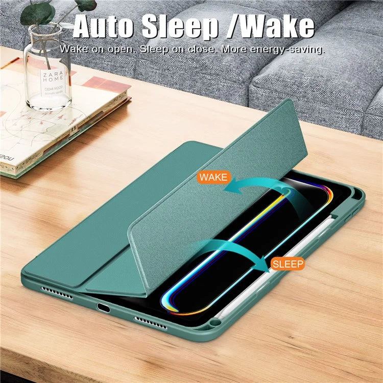 For iPad Pro 11 (2024) Case PU Leather Tri-Fold Stand Tablet Cover Clear Back Auto Wake / Sleepish Green